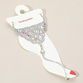 Teardrop Accented Rhinestone Net Toe Ring Evening Anklet