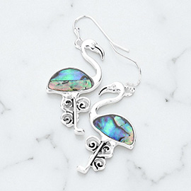 Abalone Accented Antique Metal Flamingo Dangle Earrings