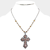 Rhinestone Embellished Metal Cross Pendant Necklace