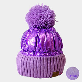 Fleece Lining  Puffer Knit Pom Pom Beanie Hat