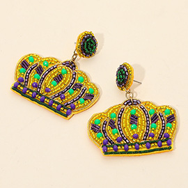 Felt Back Mardi Gras Multi Beaded Crown Dangle Earrings