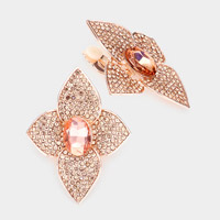 Oval Stone Centered Flower Clip On Evening Earrings