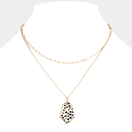 Cheetah Patterned Genuine Leather Angled Pendant Double Layered Necklace