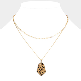 Cheetah Patterned Genuine Leather Angled Pendant Double Layered Necklace