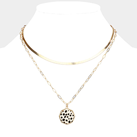 Cheetah Patterned Genuine Leather Octagon Pendant Double Layered Necklace