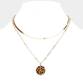 Cheetah Patterned Genuine Leather Octagon Pendant Double Layered Necklace