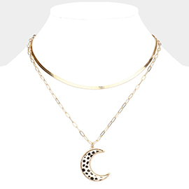 Cheetah Patterned Genuine Leather Crescent Moon Pendant Double Layered Necklace