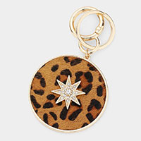 Leopard Patterned Genuine Leather Calf Round Keychain