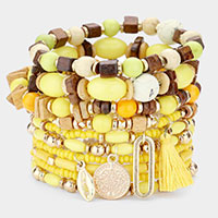 10PCS - Puka Shell Coin Tassel Charm Wood Multi Beaded Stretch Bracelets