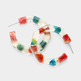 Pressed Flower Heptagon Lucite Hoop Earrings