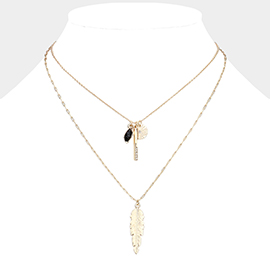 Natural Stone Rhinestone Metal Bar Feather Pendant Double Layered Necklace