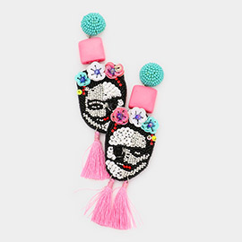 Triple Flower Sequin Seed Beaded Skull Tassel Link Dangle Earrings