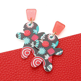 Patterned Resin Gingerbread Man Dangle Earrings