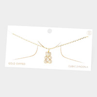 Gold Dipped CZ Embellished Metal Bear Pendant Necklace