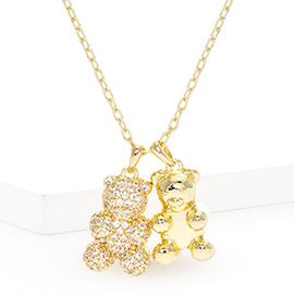 Gold Dipped CZ Embellished Double Metal Bear Pendant Necklace