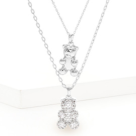 White Gold Dipped CZ Embellished Metal Bear Pendant Double Layered Necklace