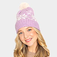 Snowflake Printed Faux Fur Pom Pom Beanie Hat