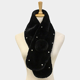 Pearl Embellished Faux Fur Pom Pom Pull Through Scarf