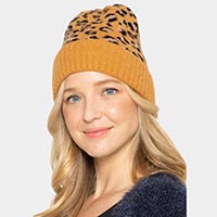 Leopard Patterned Ribbed Cuff Beanie Hat