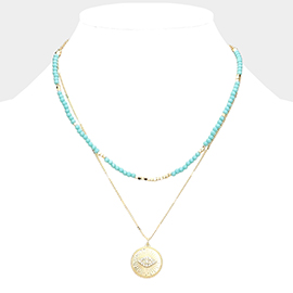 Rhinestone Embellished Evil Eye Metal Round Pendant Double Layered Necklace