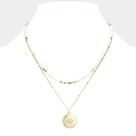 Rhinestone Embellished Evil Eye Metal Round Pendant Double Layered Necklace