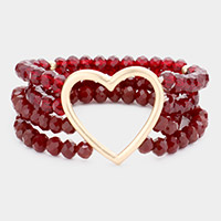 Open Metal Heart Accented Multi Layered Faceted Beaded Stretch Bracelet