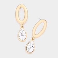 Open Metal Oval Natural Stone Teardrop Link Dangle Earrings