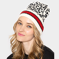 Leopard Patterned Striped Cuff Knit Beanie Hat