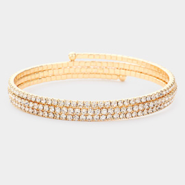 Brass Metal 3Rows Rhinestone Coil Bracelet