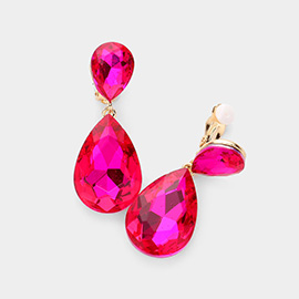 Glass Crystal Double Teardrop Clip on Evening Earrings