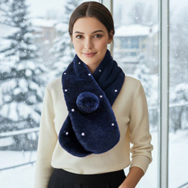 Pearl Embellished Faux Fur Pom Pom Pull Through Scarf