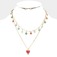 2PCS - Enamel Flower Station Rhinestone Trim Heart Pendant Necklaces