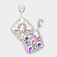 Oval Marquise Stone Cluster Accented Rhinestone Rhombus Dangle Evening Earrings