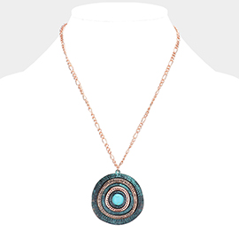 Turquoise Centered Irregular Metal Round Pendant Necklace
