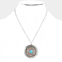 Turquoise Centered Irregular Metal Round Pendant Necklace