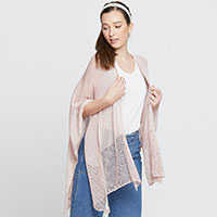 Solid Knitted Mesh Trimmed Ruana Poncho