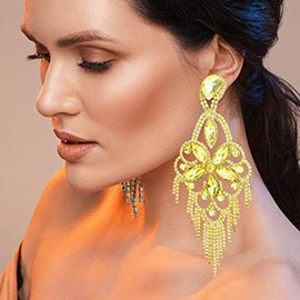 Marquise Stone Flower Accented Chandelier Evening Earrings