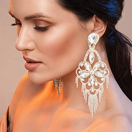 Marquise Stone Flower Accented Chandelier Evening Earrings