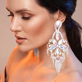 Marquise Stone Flower Accented Chandelier Evening Earrings