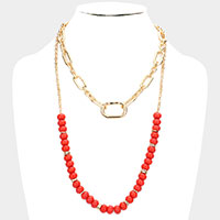 Open Metal Oval Link Resin Beaded Double Layered Bib Necklace