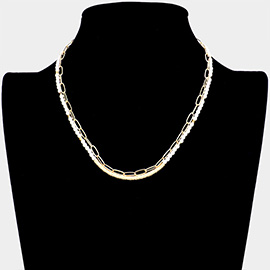 Curved Metal Tube Accented Pearl Open Oval Link Double Layered Necklace