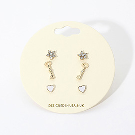 3Pairs - Stone Embellished Star Key Enamel Heart Stud Earrings