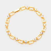 Stone Embellished Open Metal Rectangle Link Evening Bracelet