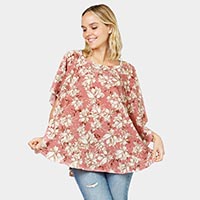 Flower Printed Slit Round Poncho