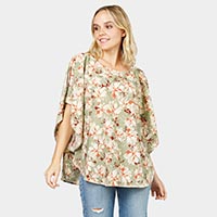 Flower Printed Slit Round Poncho