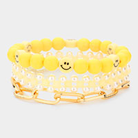 3PCS - Smile Beaded Pearl Open Metal Oval Link Bracelets