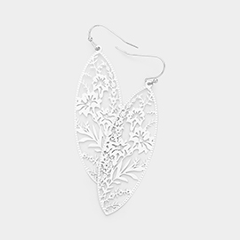 Filigree Flower Leaf Detailed Brass Metal Marquise Dangle Earrings