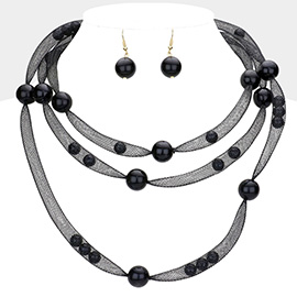 Pearl Accented Triple Layered Mesh Bib Necklace