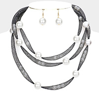 Pearl Accented Triple Layered Mesh Bib Necklace