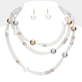Pearl Accented Triple Layered Mesh Bib Necklace